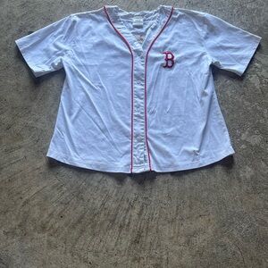 Vintage MLB White Short Sleeve Button-Up Jersey with Red Trim and Boston B Patch
